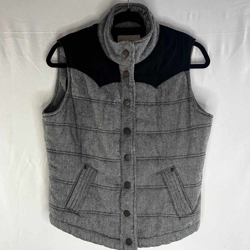 Ci Sono Womens Herringbone Puffer Vest Grey Black Western Yoke Snap Front S